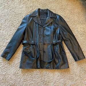 Winlit Vintage Black Leather Trench Jacket Coat Belted 90s Y2K size L